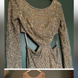 Sherri Hill Silver Long Sleeve Cowl Neck Bodycon Dress